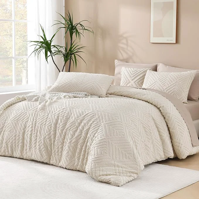 Secure Andency King Size Comforter Set Beige 3 Pieces Boho King Bedding Comforter Set Cream All Season Soft Lightweight Tufted Textured Down Comforter Fluffy Bed Set Smooth