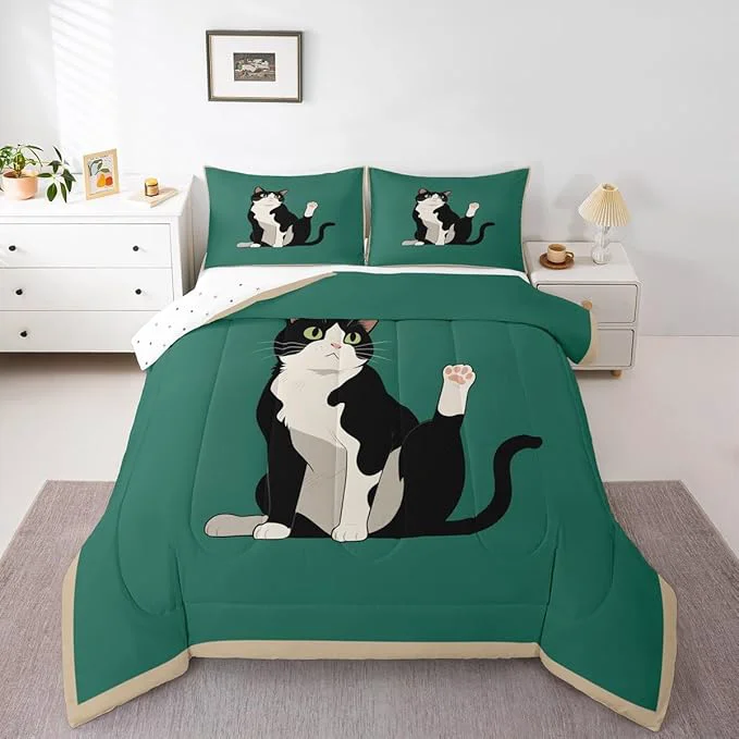Premium Erosebridal Kitten Quilt Insert Toddler Size Cartoon Cat Bedding Set for Kids Boys Girls Retro Kawaii Cute Green Black Comforter Warm Soft Comforter Set High-End