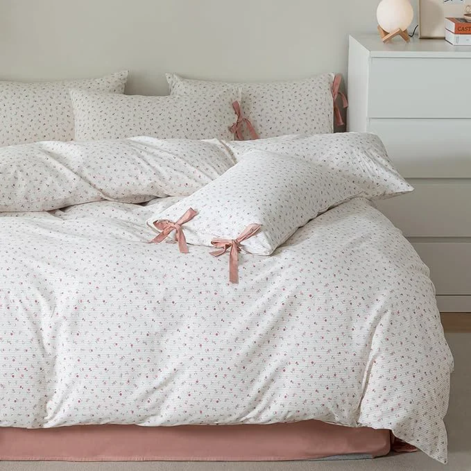 Sustainable HighBuy Boho Floral Comforter Set Queen Floral Cottagecore Bedding Comforter Set with 2 Bowknot Bow Tie Pillowcases Pink Floral Queen Comforter Sets Coquette Bedding Sets for Women Girl Fluffy Pure