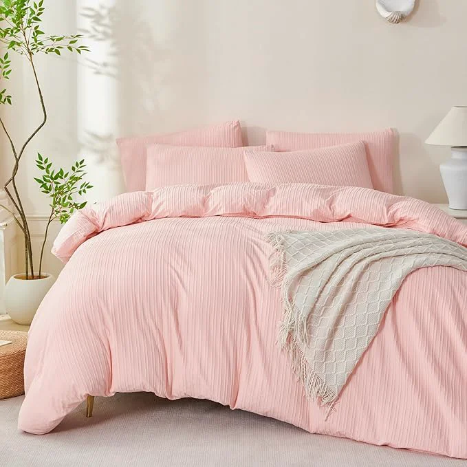 Optimized Pink Comforter Set Queen Size Soft Luxury Washed Microfiber Jacquard 3 Pieces Bedding Set Pink Jade Vertical Ticking Stripes Comforter with 2 Pillowcases Breathable Durable Comfy Quality