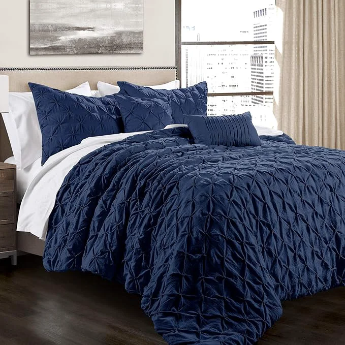 Responsible Lush Decor Ravello Pintuck Comforter Set - Luxe 5 Piece Textured Bedding Set - Traditional Glam amp Farmhouse Inspired Bedroom Decor - King Navy Premium Material