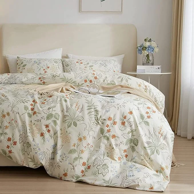 HighBuy Beige Comforter Twin XL Size with Green Floral 3 Piece Cute Soft Bedding Comforter Set Lightweight All Season Aesthetic Boho Comforter for Women Girls Ultra Soft Kids Bedding Set Elegant