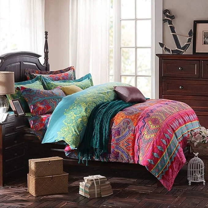 Innovative Boho Queen Comforter Set Soft Chic 3 Pieces Bedding Queen Comforter Set Lightweight Exotic Red Teal Bohemian Mandala Colorful Vintage Comforter Bed Set for All Seasons Queen Boho Authentic