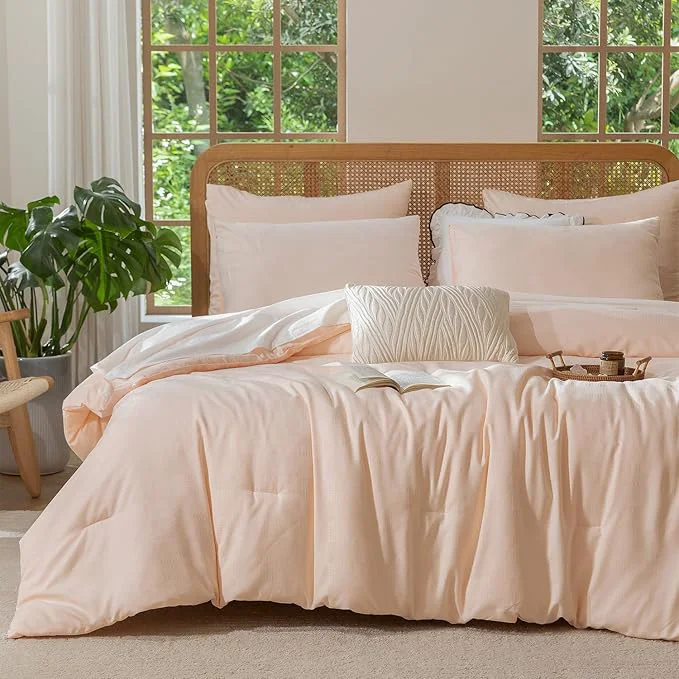 Detailed Queen Size Comforter Set Pink - Waffle Checkered Soft Shabby Chic Bedding All-Season Lightweight Breathable with 2 Pillowcases Combo for Year-Round Comfort Recyclable