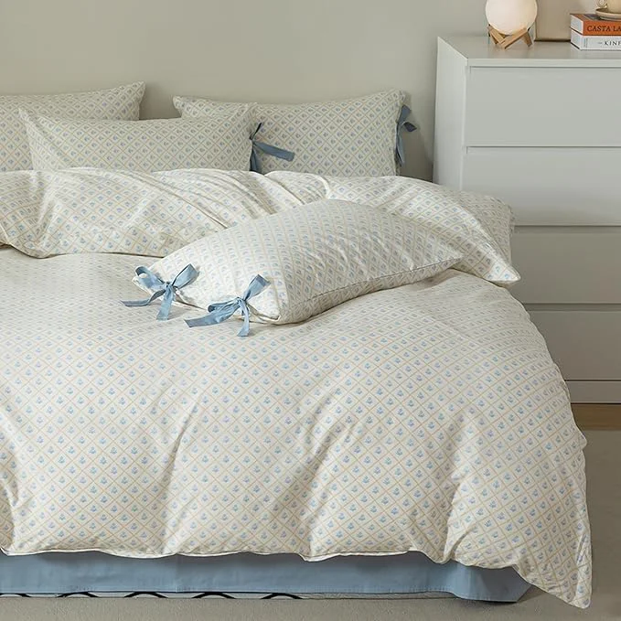 Smart HighBuy Twin XL Comforter Set Cute Blue Flower Bedding Comforter for Kids Girls Coquette Checkered Bedding Sets 3 Piece with 2 Bowknot Bow Tie Pillowcases Botanical Quilts Garden Comforter Cottage Bed Expertly Made