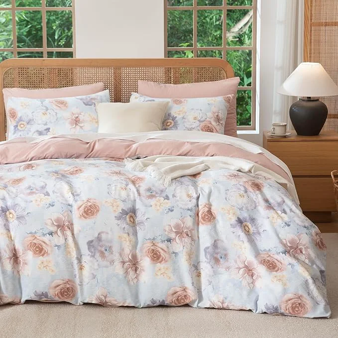 Reusable Queen Size Comforter Floral 3 Pieces Soft Chic Crinkle Gauze Fabric Peony Floral Print Lightweight Botanical Flower Comforter for All Seasons Luxury Warmth Comfy Breathable with 2 Pillowcases Official