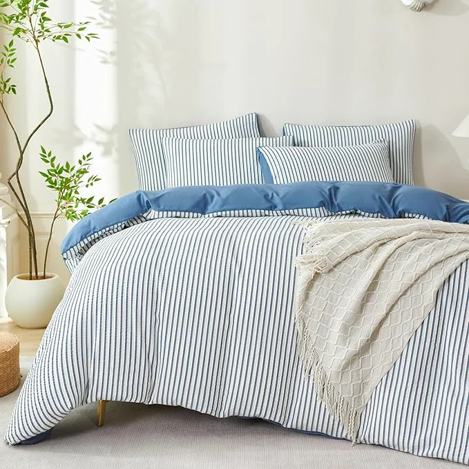 Solid Comforter King Set Denim Blue Striped Soft Luxury Washed Microfiber Jacquard 3 Pieces Bedding White Denim Blue Vertical Ticking Stripes Comforter with 2 Pillowcases Breathable Durable Comfy Smooth
