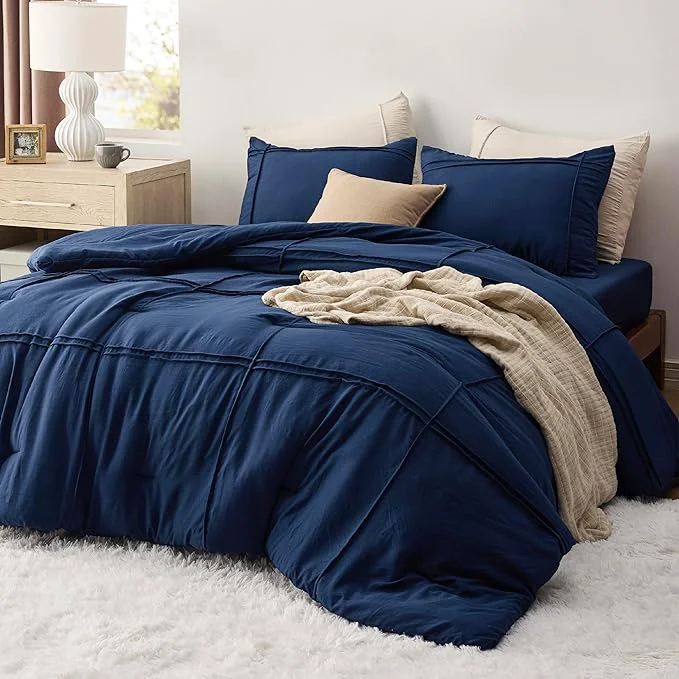 Elite Bedsure Full Comforter Set with Sheet - 4 Pieces Soft Navy Blue Bedding Grid Pinch Pleat All Season Lightweight Fluffy Bed Set with Solid Boho Comforter Pillowcases amp Sheet Top-Quality