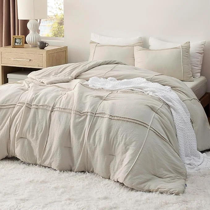 Modern Bedsure Queen Comforter Set with Sheet - 4 Pieces Soft Beige Bedding Grid Pinch Pleat All Season Lightweight Fluffy Bed Set with Solid Boho Comforter Pillowcases amp Sheet Consistent