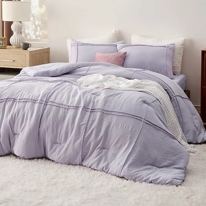 Fashionable Bedsure Twin Comforter Set with Sheet - 3 Pieces Soft Lavender Purple Bedding Grid Pinch Pleat All Season Lightweight Fluffy Bed Set with Solid Boho Comforter Pillowcase amp Sheet Carefully Designed