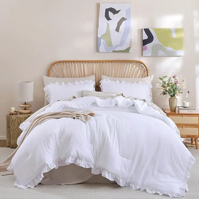 Crafted JANZAA King Size Comforter Set White Ruffled Comforter Set Soft Vintage Farmhouse Bed Beding Set Fluffy 3PCS Shabby Chic Bedding with 2 Pillowcases Original Design