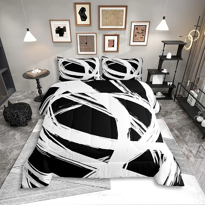 Superior White and Black Striped Bedding Set Full Size for Adults Youth Teens Contemporary Boho Modern Art Comforter Set Graffiti Stripes Lines Quilt Aesthetic Geometric Duvet Insert for Minimalists Powerful