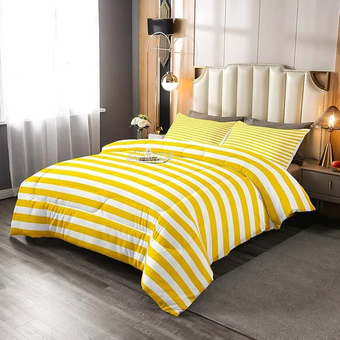Smooth Stripe Bedding Set Yellow White Striped Comforter Set King Farmhouse Ticking Stripes Down Comforter Gothic Home Decor Horizontal Stripes Geometric Lines Reversible Duvet Set Kids Girls Women Organic