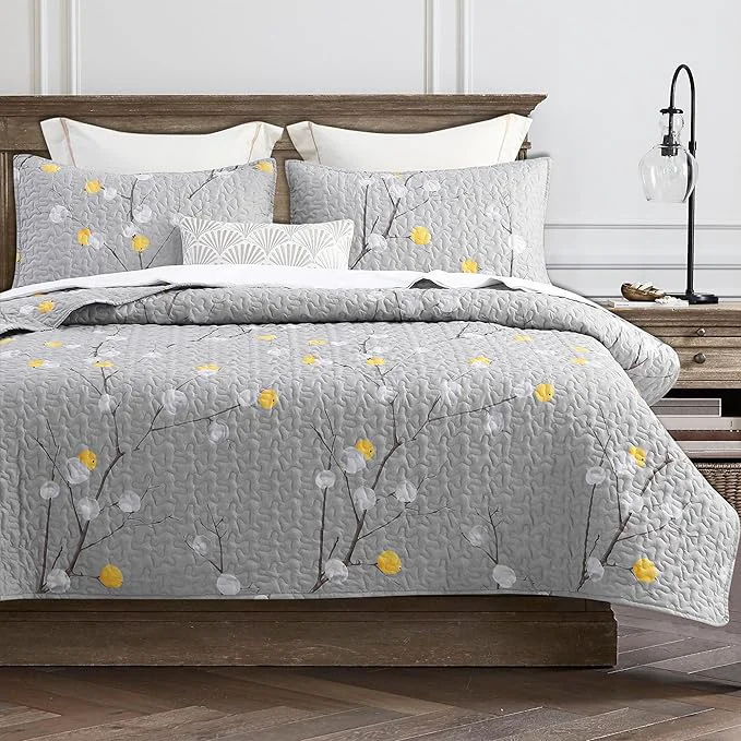 High-Performance DURLENGEN Quilt Set King Size 3Pcs Grey Branch with Yellow Turquoise Polka Dot Pattern Soft Microfiber Lightweight Bedspread for All Season Layering King 106x96 Botanical Grey Carefully Designed