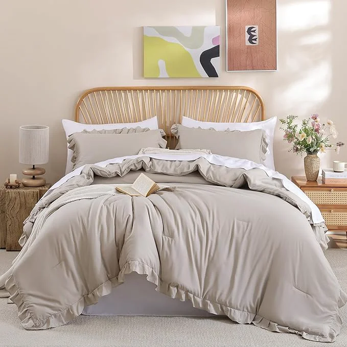 Proven JANZAA Full Size Comforter Ruffled Oatmeal Soft Vintage Farmhouse Bed Comforter Set Shabby Fluffy 3PCS Bedding 1 Comforter Set and 2 Pillowcases Original Design