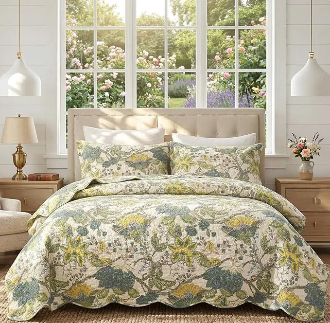 Responsible DURLENGEN Forest Cotton King Quilt 3Pcs Bohemian Reversible Leaves amp Flowers Pattern on White Luxury Lightweight Coverlet Sets for All Season King 106x96 Forest Powerful