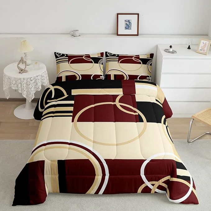 Fine Erosebridal Modern Geometric Comforter Set Red Brown Black Stripes Down Comforter Full Size Retro Circle Swirls Bedding Set Bedroom Decor Abstract Texture Color Art Comforter for Kids Adult Flexible