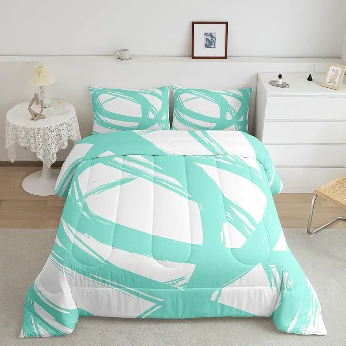 Smooth Turquoise and White Abstarct Comforter Set Twin Size for Kids Boys Girs Graffiti Stripes Lines Bedding Set Aesthetic Geometric Duvet Insert for Minimalists Contemporary Boho Modern Art Quilt Trusted