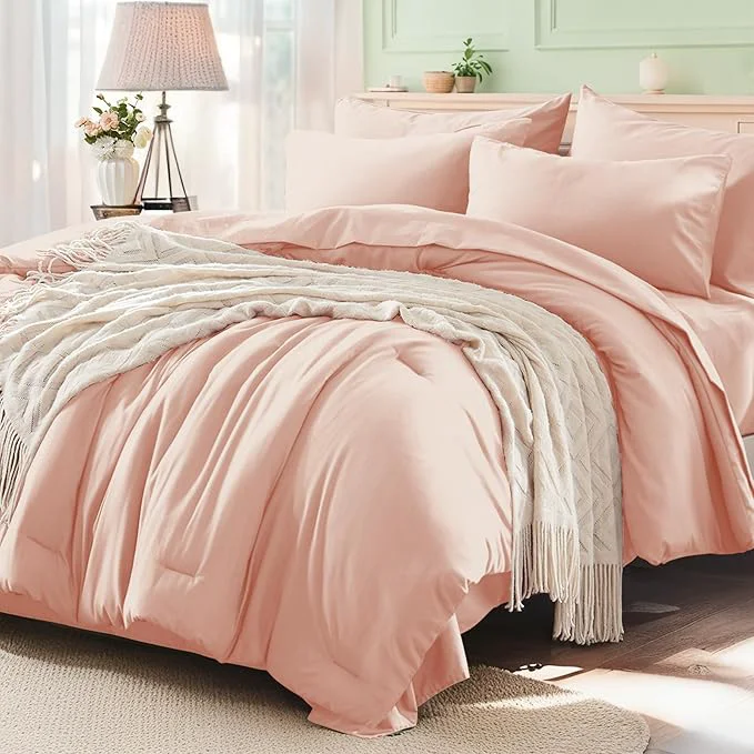 Solid Anluoer Pink Queen Comforter Set 7 Pieces Bed in a Bag with Sheets All Season Bedding Sets with 1 Comforter 2 Pillow Shams 2 Pillowcases 1 Flat Sheet 1 Fitted Sheet Reusable
