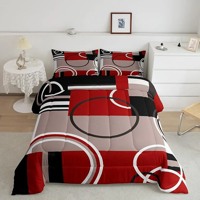 Top-Quality Erosebridal Modern Red Grey Black Stripes Comforter Set Geometric Down Comforter Twin Size Retro Circle Swirls Bedding Set Bedroom Decor Modern Abstract Texture Color Art Quilt Set Specialty