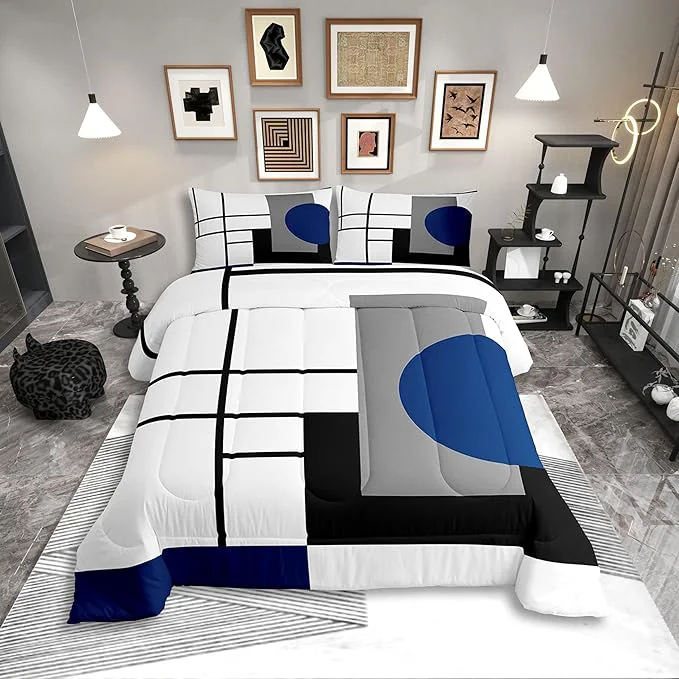 Enhanced Erosebridal White Black Blue Striped Queen Comforter Set for Adult Women Men Boho Modern Geometric Abstract Bedding Set Stripes Lines Bed Set Minimalist Square and Circle Quilt Set Environmentally Friendly