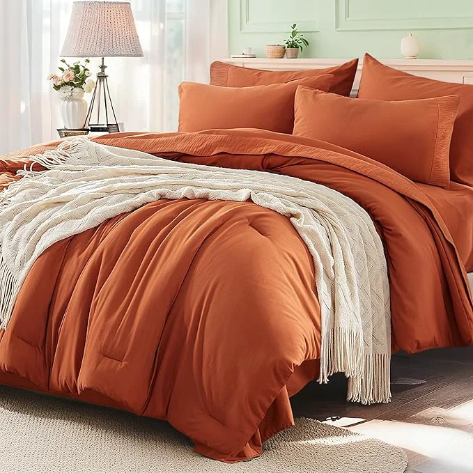 Solid Anluoer Burnt Orange King Comforter Set 7 Pieces Bed in a Bag with Sheets All Season Bedding Sets with 1 Comforter 2 Pillow Shams 2 Pillowcases 1 Flat Sheet 1 Fitted Sheet Trusted