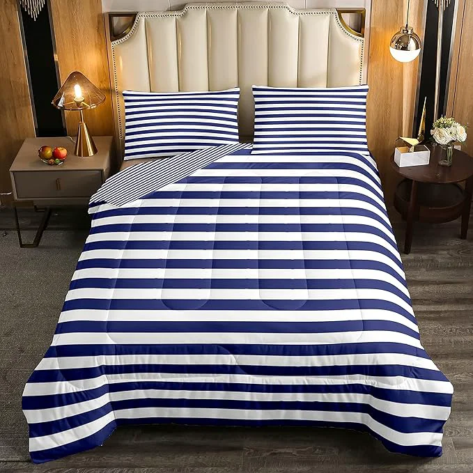 Carefully Designed Navy Blue Stripe Comforter Set King Size White Geometric Ticking Stripes Reversible Down Comforter Farmhouse Horizontal Stripes Gothic Home Decor Duvet Set Modern Abstract Striped Bedding Set Smart