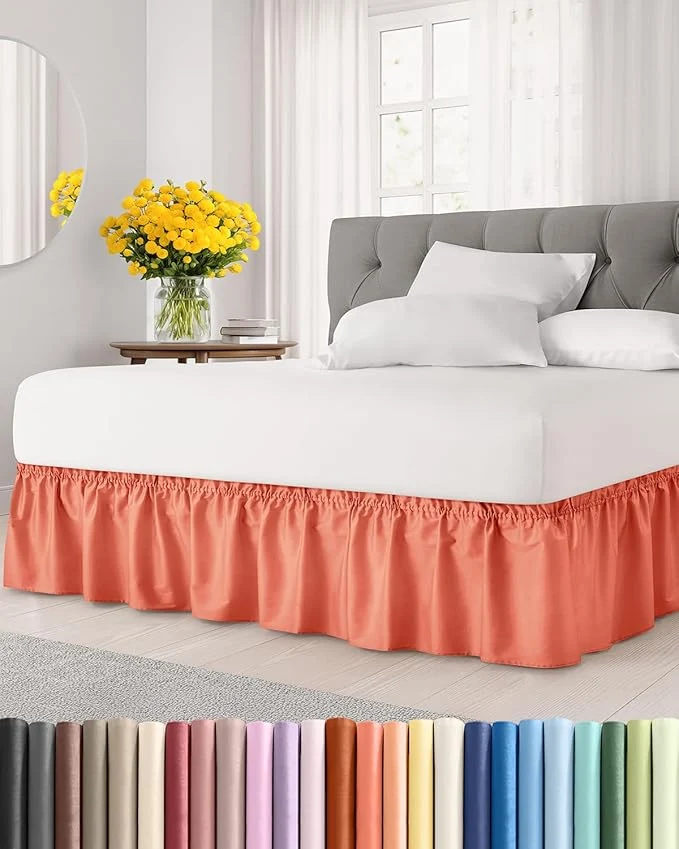Selected Wrap Around Dust Ruffle Bed Skirt - Coral - for Queen Size Beds with 21 Inch Drop - Easy Fit Elastic Strap - Adjustable Pleated Bedskirt w Brushed Fabric - Wrinkle - for Women Men Kids amp Teens Soft