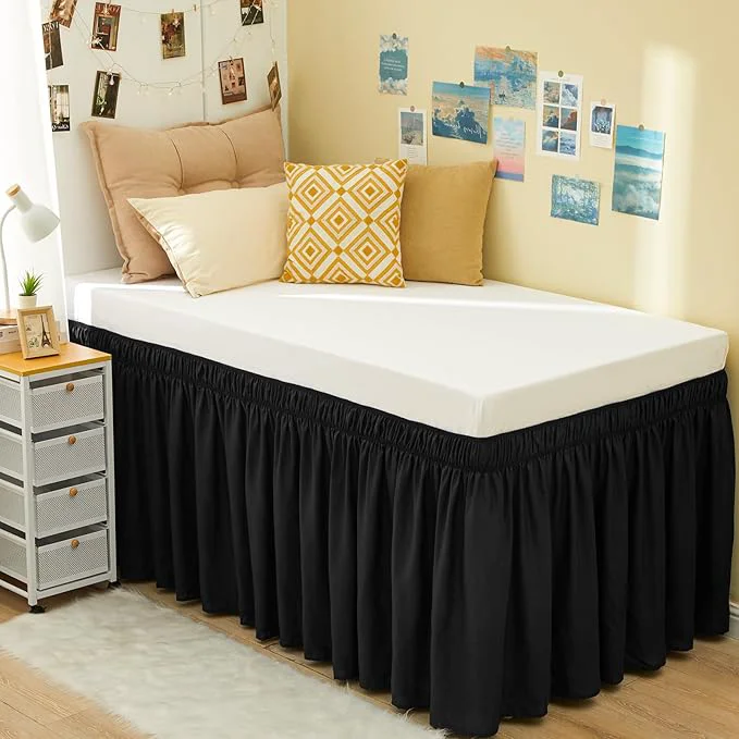 World-Class RIMELA Black Bed Skirt Twin 32 Inch Drop Silky Luxurious Fabric Wrinkle and Fade Resistant with Adjustable Elastic Belt Easy to Install Machine Washable Dust Ruffles Bedskirt for Matress Box Spring Modern