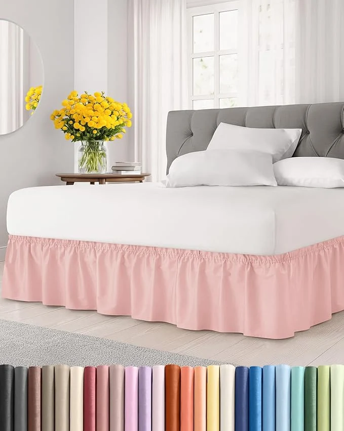 Unique Wrap Around Dust Ruffle Bed Skirt - Baby Pink - King Size Beds w 12 Inch Drop - Easy Fit Elastic Strap - Adjustable Pleated Bedskirt w Brushed Fabric - Wrinkle - Women Men Kids amp Teens Official