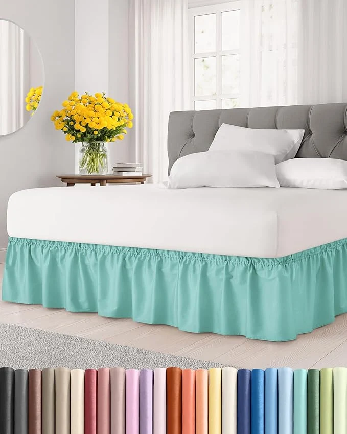 Trusted Wrap Around Dust Ruffle Bed Skirt - Spa Blue - for King Size Beds with 21 Inch Drop - Easy Fit Elastic Strap - Adjustable Pleated Bedskirt w Brushed Fabric Wrinkle - for Women Men Kids amp Teens Practical