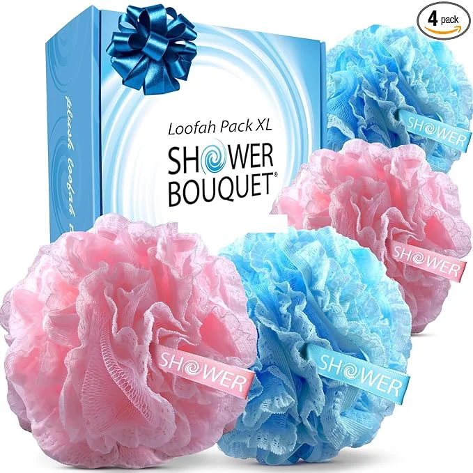 Effective SHOWER BOUQUET Blue Pink-Loofah-Bath-Sponge Lace-Mesh-Set 2-Scrubs-in-1 Enhanced