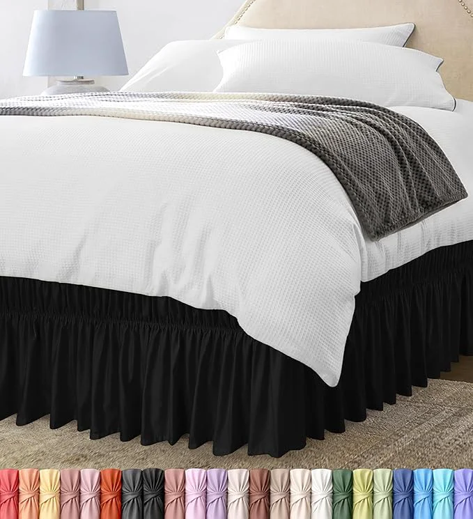 Fast Wrap Around Ruffle Twin Size Bed Skirt – Adjustable Buckle amp Elastic Belt for Easy Installation 15 Inch Drop – Brushed Microfiber - Machine Washable Fade and Wrinkle Resistant Black Elegant