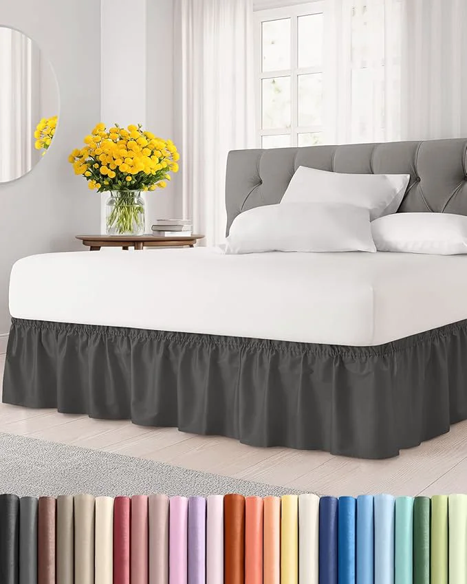 Top-Quality Wrap Around Dust Ruffle Bed Skirt - Charcoal - for Full Size Beds w 15 Inch Drop - Easy Fit Elastic Strap - Adjustable Pleated Bedskirt w Brushed Fabric - Wrinkle - for Women Men Kids amp Teens Eco-Friendly