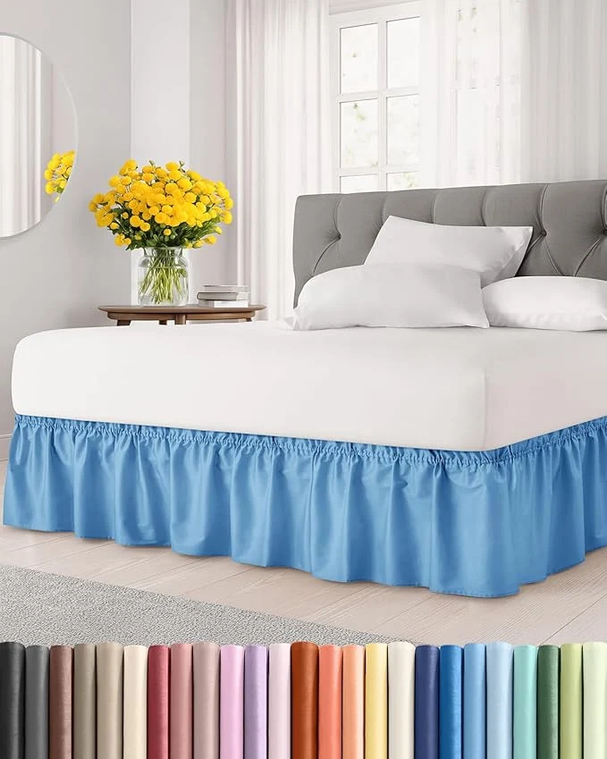 Next-Generation Wrap Around Dust Ruffle Bed Skirt - Denim Blue - for Full Size Beds with 15 Inch Drop - Elastic Strap - Adjustable Pleated Bedskirt with Brushed Fabric and Wrinkle - for Women Men Kids amp Teens Proven