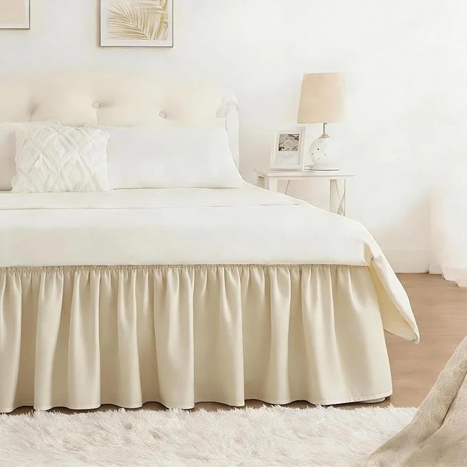 First-Class RIMELA Bed Skirt Queen Size 15 Inch Drop Wrap Around Elastic Bedskirt for Home Room Decoration for Women Pleated Adjustable Dust Ruffle Light Beige Easy to Install Dependable
