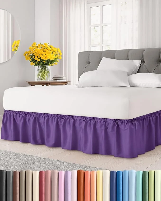 Eco-Friendly Wrap Around Dust Ruffle Bed Skirt - Purple - for Queen Size Beds with 24 Inch Drop - Easy Fit Elastic Strap - Adjustable Pleated Bedskirt w Brushed Fabric Wrinkle - for Women Men Kids amp Teens Flexible
