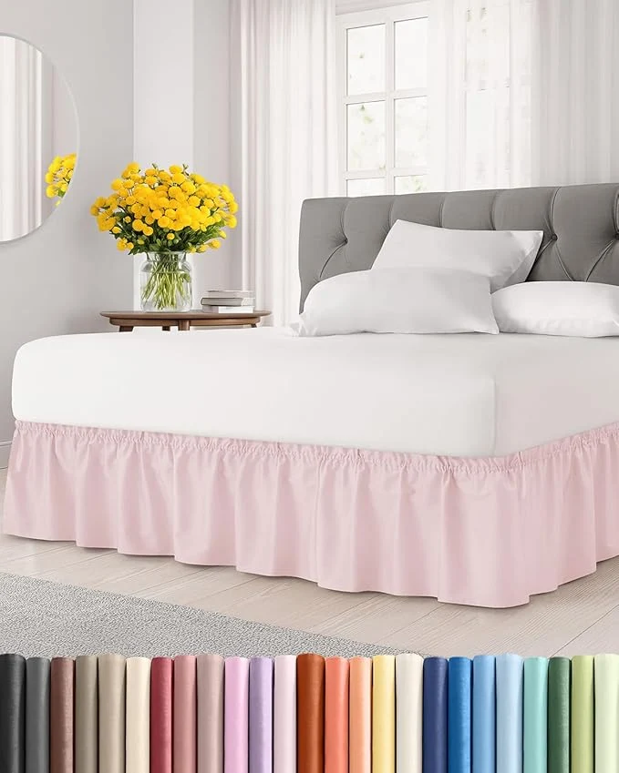 Breathable Wrap Around Dust Ruffle Bed Skirt - Lavender Pink - for King Size Beds w 15 Inch Drop - Easy Fit Elastic Strap - Adjustable Pleated Bedskirt w Brushed Fabric - Wrinkle Women Men Kids amp Teens Top-Quality