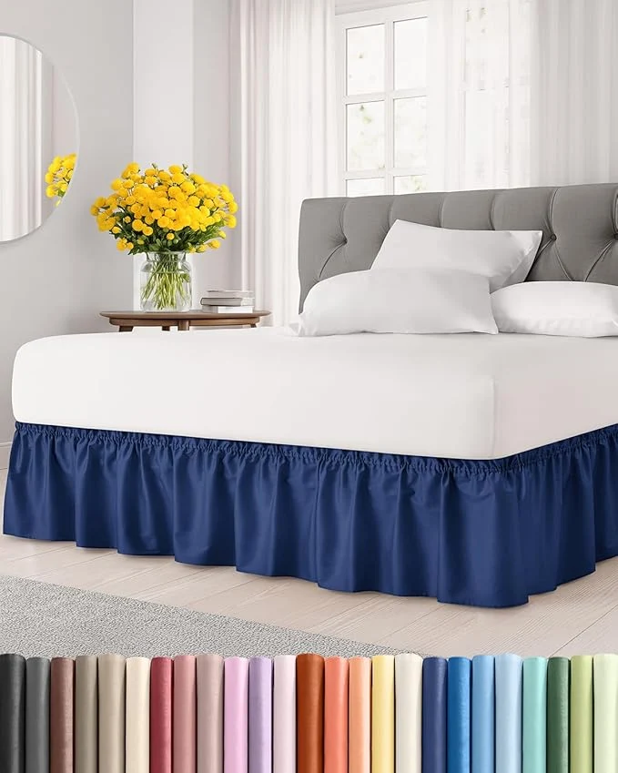 Traditional Wrap Around Dust Ruffle Bed Skirt - Navy Blue - for King Size Beds with 21 Inch Drop - Elastic Strap - Adjustable Pleated Bedskirt with Brushed Fabric and Wrinkle - for Women Men Kids amp Teens Artisan