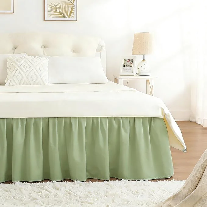 Next-Generation RIMELA Bed Skirt Queen Size 15 Inch Drop Wrap Around Elastic Bedskirt for Home Room Decoration for Women Pleated Adjustable Dust Ruffle Light Green Easy to Install Certified