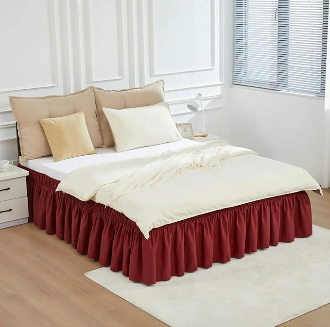 Next-Generation RIMELA Wine Red Bed Skirt King Size 15 Inch Drop Elastic Bed Skirting for Bed Base and Frame Bedding Dust Ruffle Lightweight Wrap Around Adjustable Bedskirt Cal King Christmas Bedroom Decor Certified