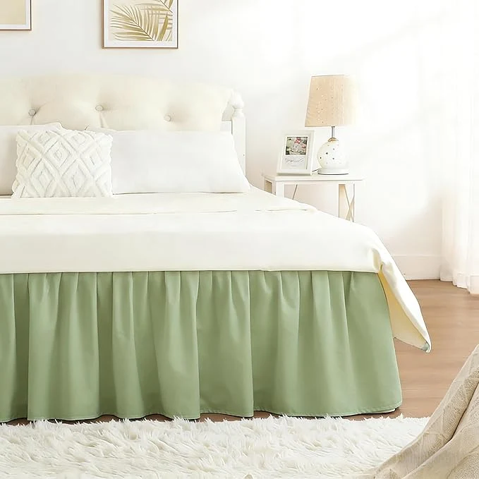 Classic RIMELA Bed Skirt Full Size 15 Inch Drop Wrap Around Elastic Bedskirt for Home Room Decoration for Women Pleated Adjustable Dust Ruffle Light Green Easy to Install Proven