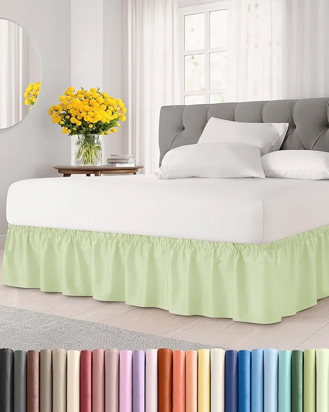 Artisan Wrap Around Dust Ruffle Bed Skirt - Light Sage - for Queen Size Beds w 15 Inch Drop - Easy Fit Elastic Strap - Adjustable Pleated Bedskirt w Brushed Fabric - Wrinkle Women Men Kids amp Teens Superior