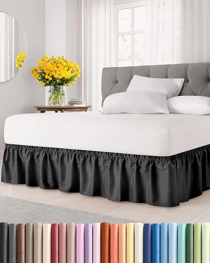 Traditional Wrap Around Dust Ruffle Bed Skirt - Black - for Queen Size Beds with 18 Inch Drop - Easy Fit Elastic Strap - Adjustable Pleated Bedskirt w Brushed Fabric - Wrinkle - for Women Men Kids amp Teens Clean