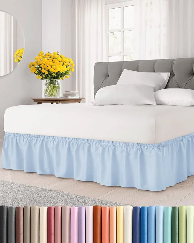 Elite Wrap Around Dust Ruffle Bed Skirt - Sky Blue - Twin Twin XL Size Beds w 12 Inch Drop - Easy Fit Elastic Strap - Adjustable Pleated Bedskirt w Brushed Fabric - Wrinkle Women Men Kids amp Teens Genuine