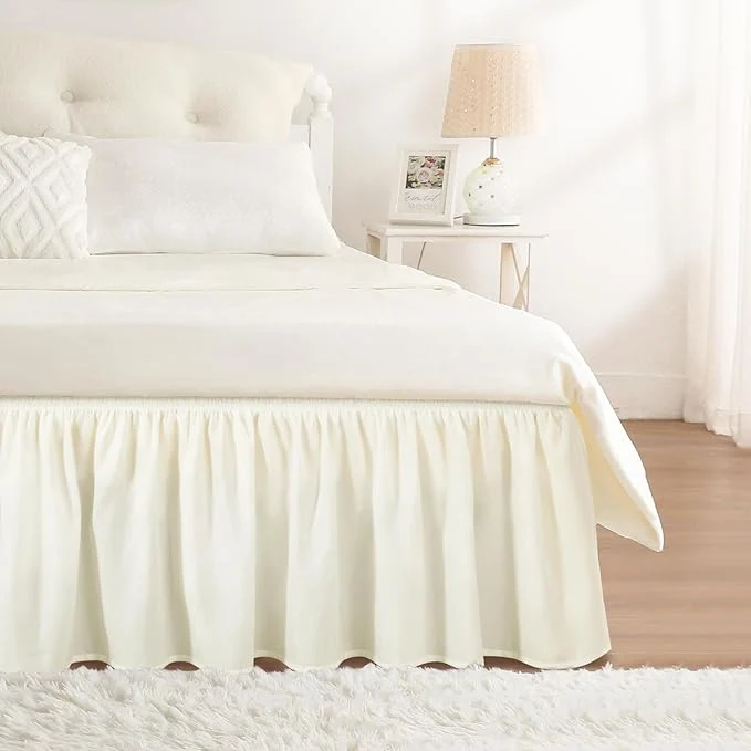 Classic RIMELA Cream Bed Skirt Wrap Around Elastic Dust Ruffles Solid Color Wrinkle and Fade Resistant with Adjustable Elastic Belt Easy to Install for Queen Size 21 Inch Drop High-End