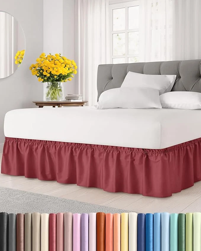 Pure Wrap Around Dust Ruffle Bed Skirt - Burgundy - Twin Twin XL Size Beds with 15 Inch Drop - Easy Fit Elastic Strap - Adjustable Pleated Bedskirt w Brushed Fabric Wrinkle - Women Men Kids amp Teens Carefully Designed
