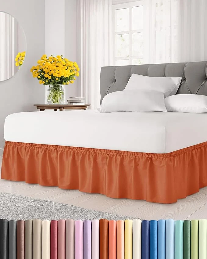 Fast Wrap Around Dust Ruffle Bed Skirt - Terracotta - for Queen Size Beds w 12 Inch Drop - Easy Fit Elastic Strap - Adjustable Pleated Bedskirt w Brushed Fabric - Wrinkle Women Men Kids amp Teens Sustainable