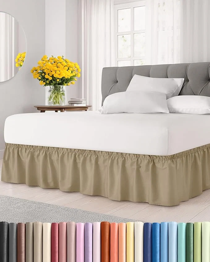 Pure Wrap Around Dust Ruffle Bed Skirt - Beige - Twin Twin XL Size Beds with 18 Inch Drop - Easy Fit Elastic Strap - Adjustable Pleated Bedskirt w Brushed Fabric - Wrinkle - Women Men Kids amp Teens Premium