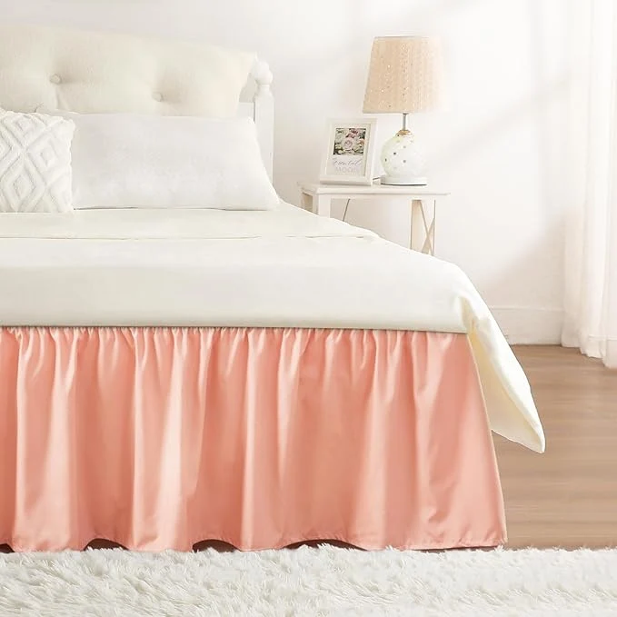 Healthy RIMELA Peachy Coral Bed Skirt Queen Size 15 Inch Drop Elastic Bed Skirting for Bed Base and Frame Bedding Dust Ruffle Easy to Install Wrap Around Adjustable Bedskirt Flexible